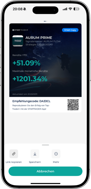 Ein Screenshot der Startrader App, der den Trading-Bot Aurum Prime zeigt, mit einer YTD-Rendite von 51,09% und einer maximalen monatlichen Rendite von 1201,34%