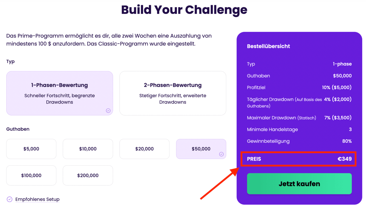 The Trading Pit "Build Your Challenge": Kosten und Konditionen für CFDs Challenges und ein kapitalisiertes Handelskonto.