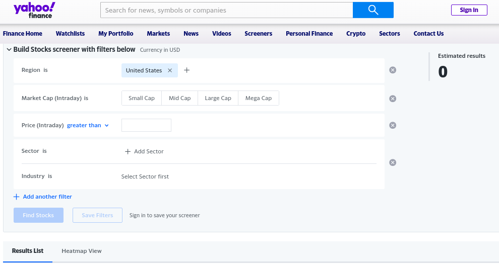 Wählen Sie bestimmte Kriterien für den Yahoo! Finance Aktienscreener aus